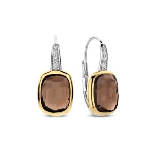 Tisento goud op zilveren oorhanger bruin/wit zirkonia
