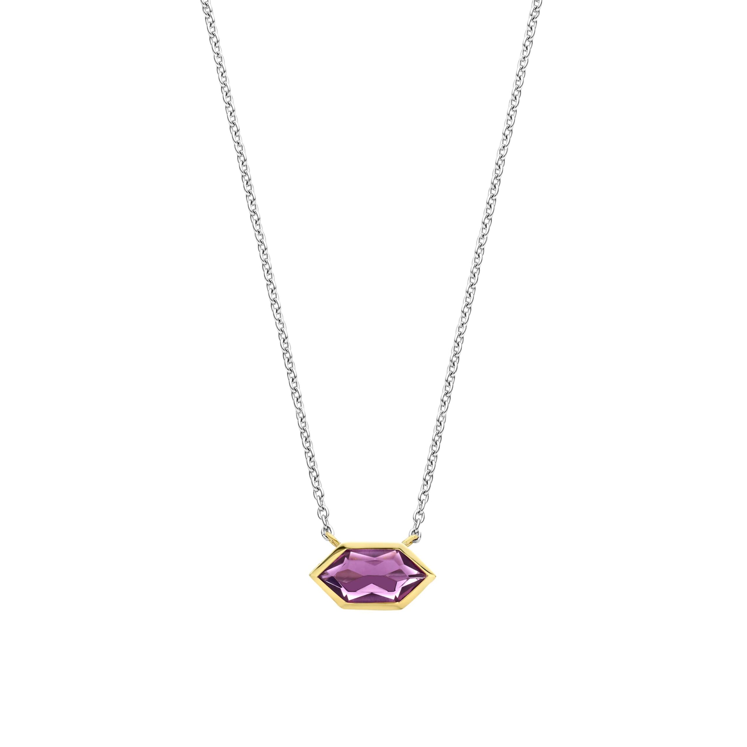 Tisento goud op zilveren collier met paars hanger 42cm
