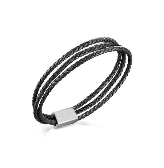 Boccia dubbel armband zwart leer 21cm - Afbeelding 2