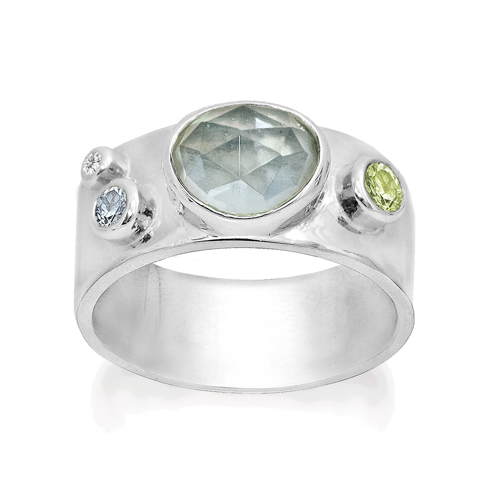 810 03 0 51 Rabinovich zilveren ring met blauw kwarts, peridoot en zirkionia Calm Creek maat 58