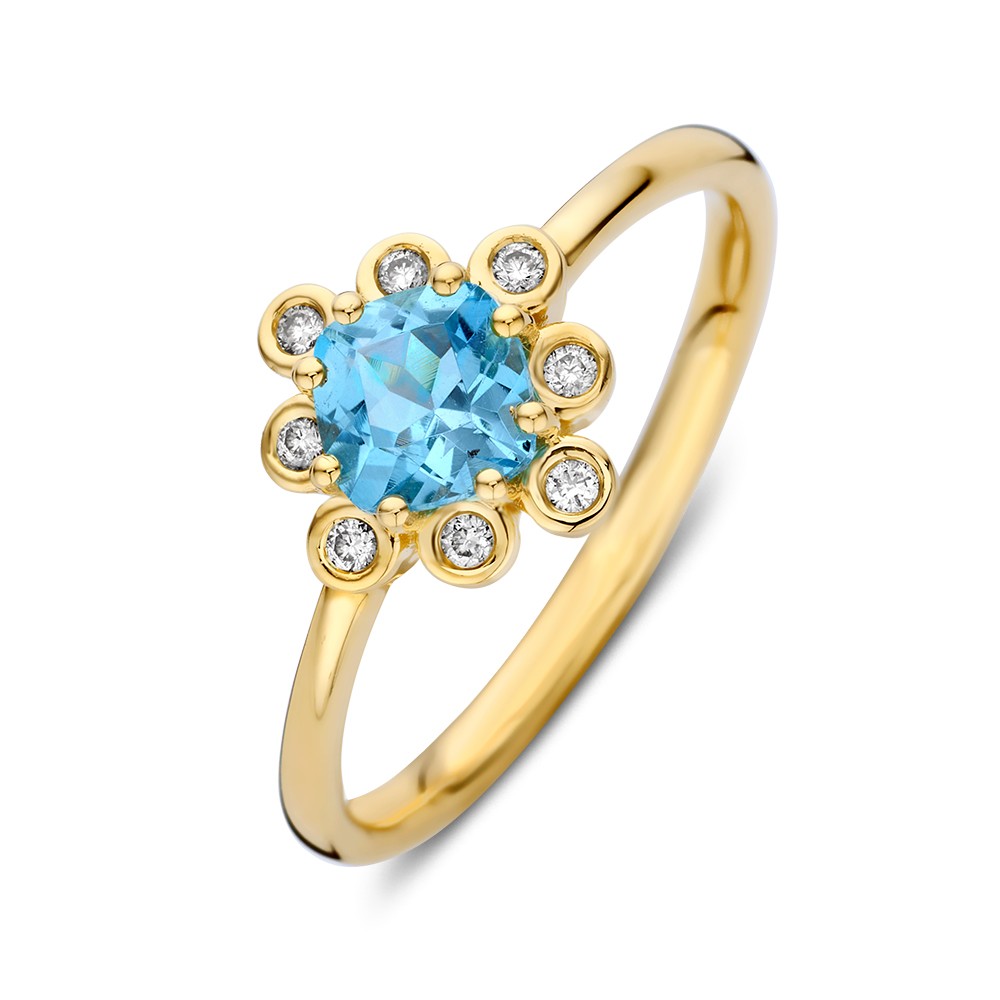 Excellent Geelgouden ring ijsblauwe topaas diamant 0.06 H-SI maat 56