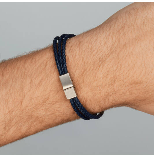 Boccia dubbel armband blauw leer 19cm