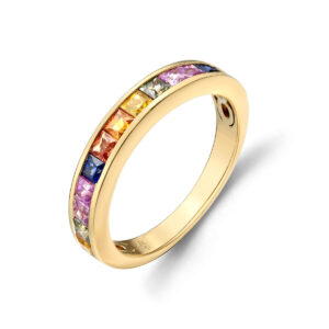 Geelgouden ring regenboog saffier maat 17,75