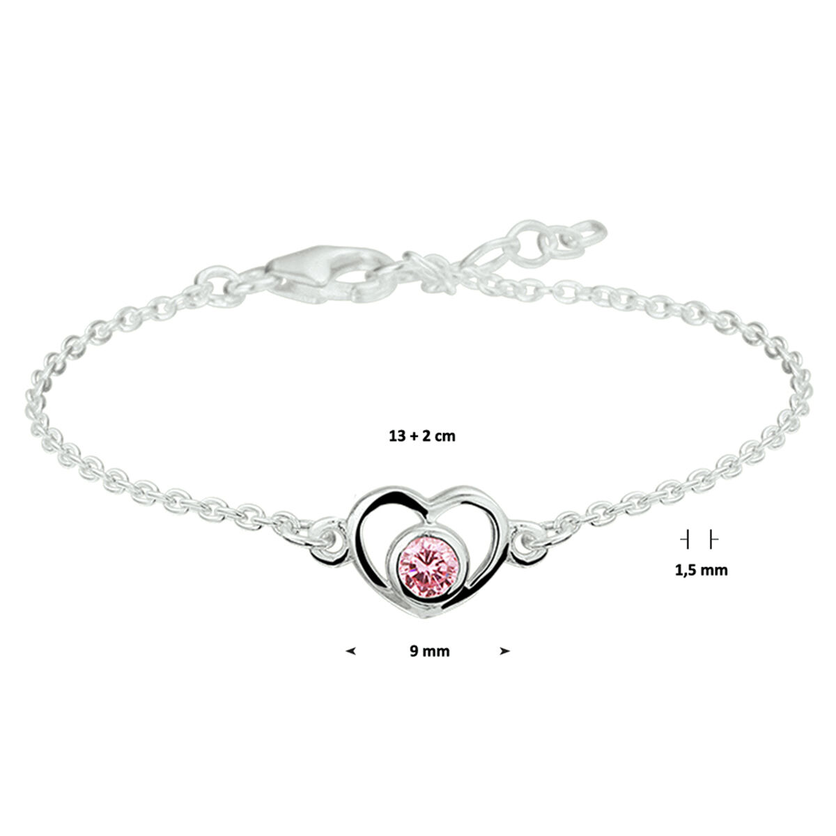 zilveren armband hart met roze zirkonia 13-15cm - Afbeelding 2