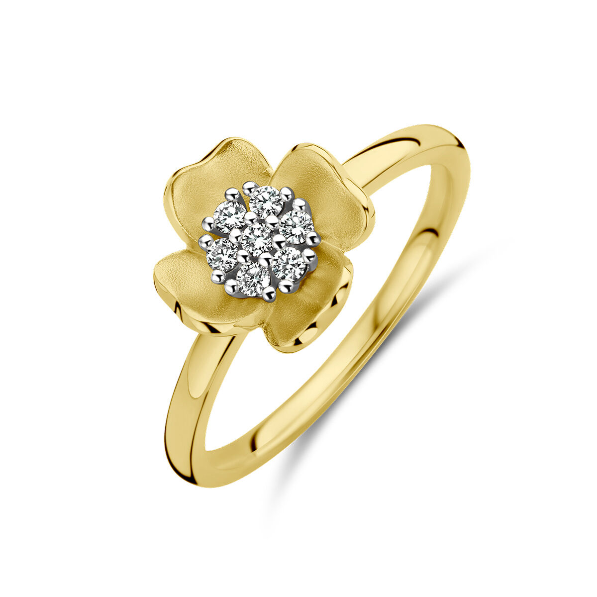 Geelgouden ring bloem diamant 0.11 H-SI maat 17,25