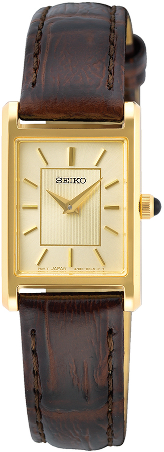 Seiko dameshorloge goudkleurig langwerpig bruine band