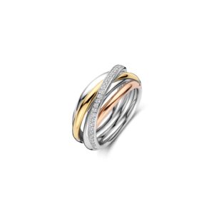 Tisento ring Tri-color goud op zilver zirkonia maat 56