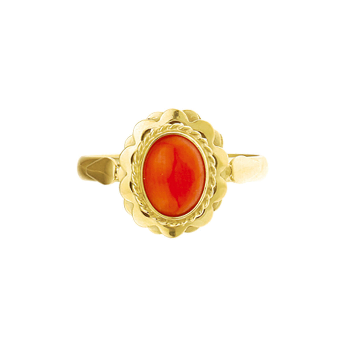 Geelgouden ring bloedkoraal maat 18