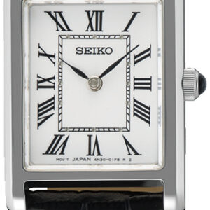 Seiko staal dameshorloge langwerpig zwart leer