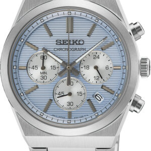 Seiko herenhorloge staal chronograaf licht blauw 100m WR