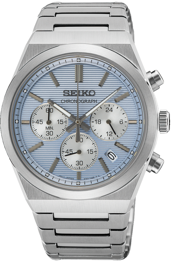 Seiko herenhorloge staal chronograaf licht blauw 100m WR