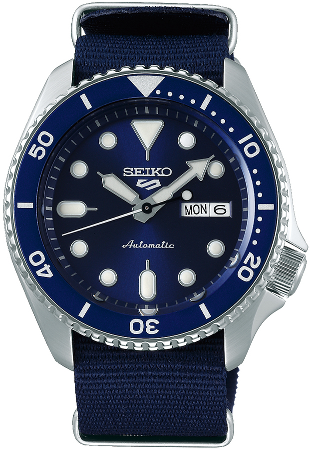 Seiko 5 serie automaat staal nylon band blauw 100m WR