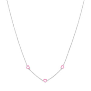 Zilveren kindercollier roze emaille hartjes