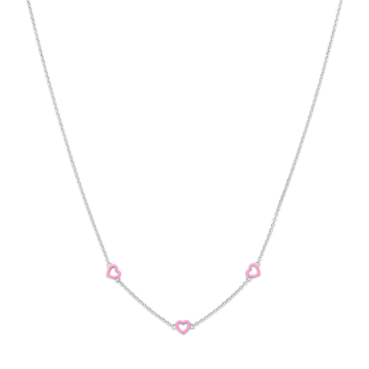 Zilveren kindercollier roze emaille hartjes