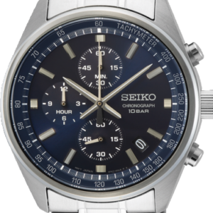Seiko herenhorloge chronograaf staal blauwe wijzerplaat 100m WR