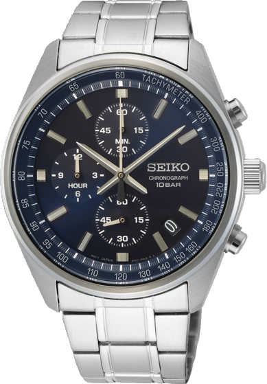 Seiko herenhorloge chronograaf staal blauwe wijzerplaat 100m WR