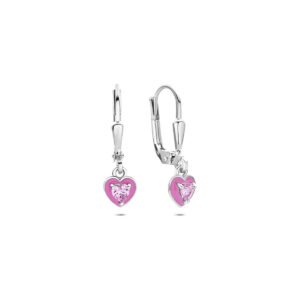 Zilveren kinderoorhanger roze emaille hart + zirkonia
