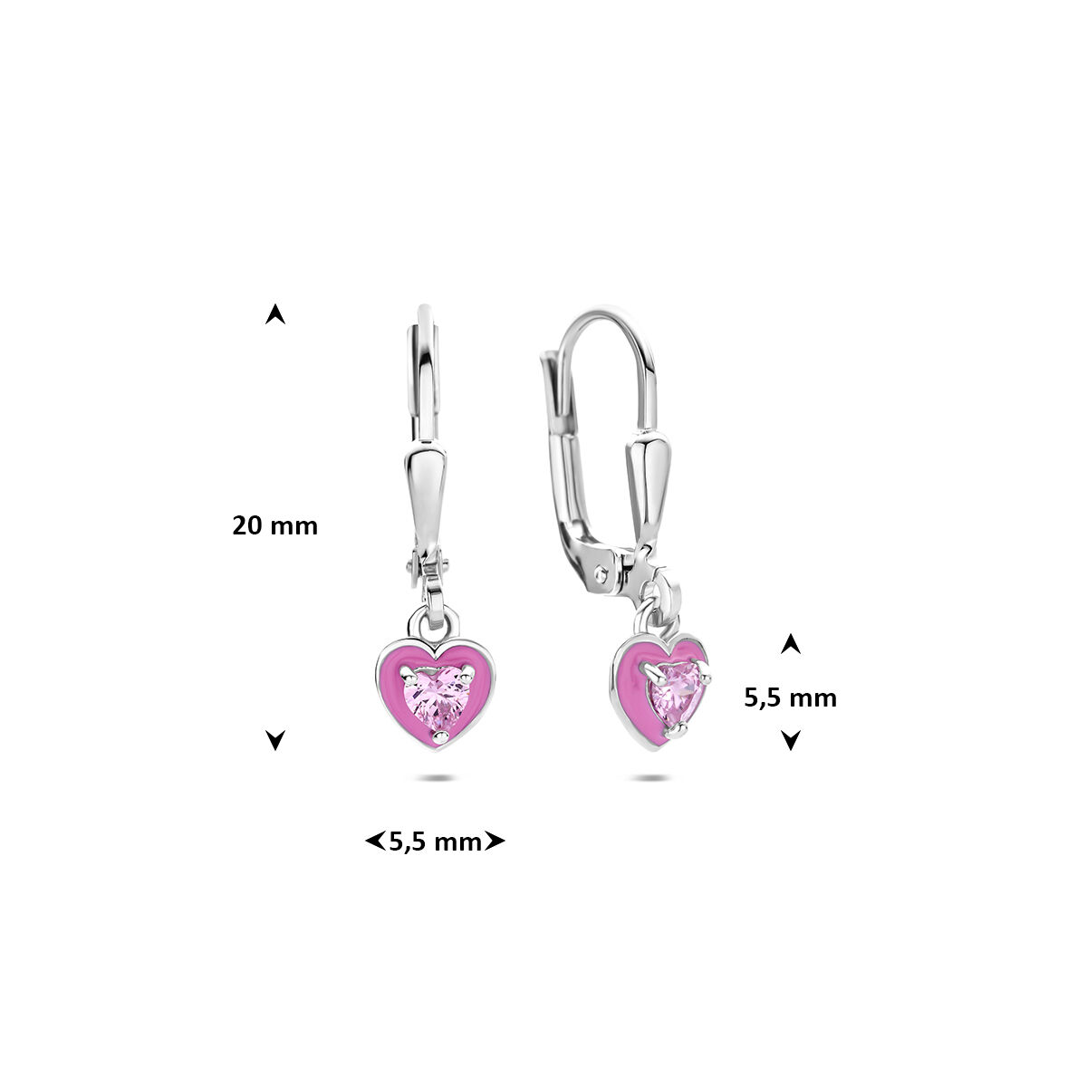 Zilveren kinderoorhanger roze emaille hart + zirkonia - Afbeelding 3